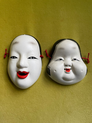 Pair of Ceramic Small Japanese Opera Masks