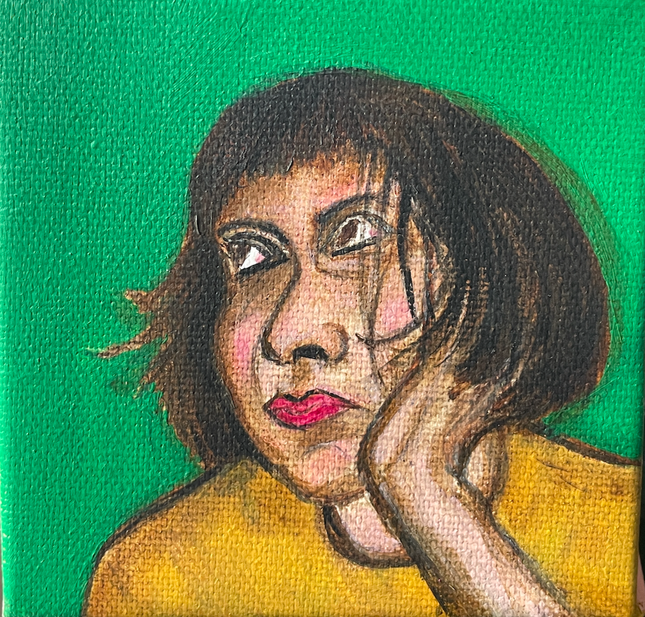 Artistic depiction of a woman with short hair and red lipstick against a green background