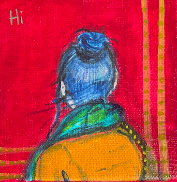 Back of the head of a woman with blue hair wearing a green scarf and yellow jacket.