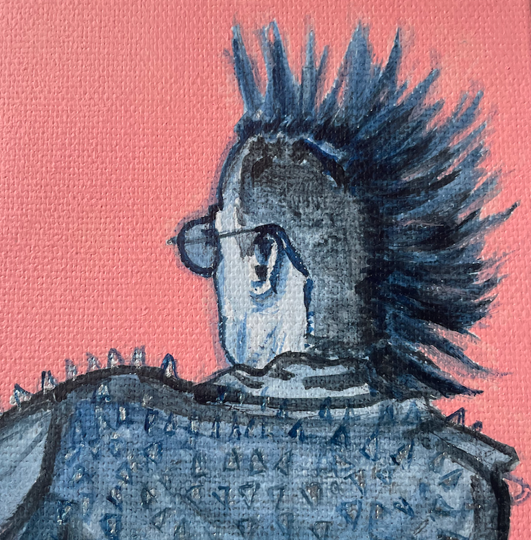 Man with a mohawk, shades and spiked leather jacket on a pink background