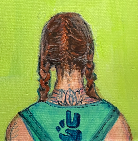 Artistic depiction of a person with braided hair and tattoos on a green background