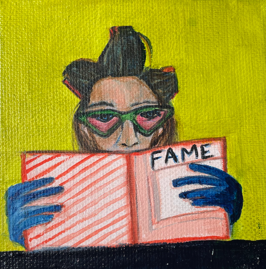 Artistic depiction of a person wearing goggles and gloves, holding a book titled 'FAME' against a yellow background.