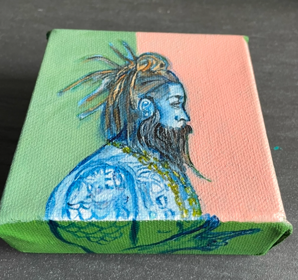 Man with braids and a long beard with tatoos on a green and pink background