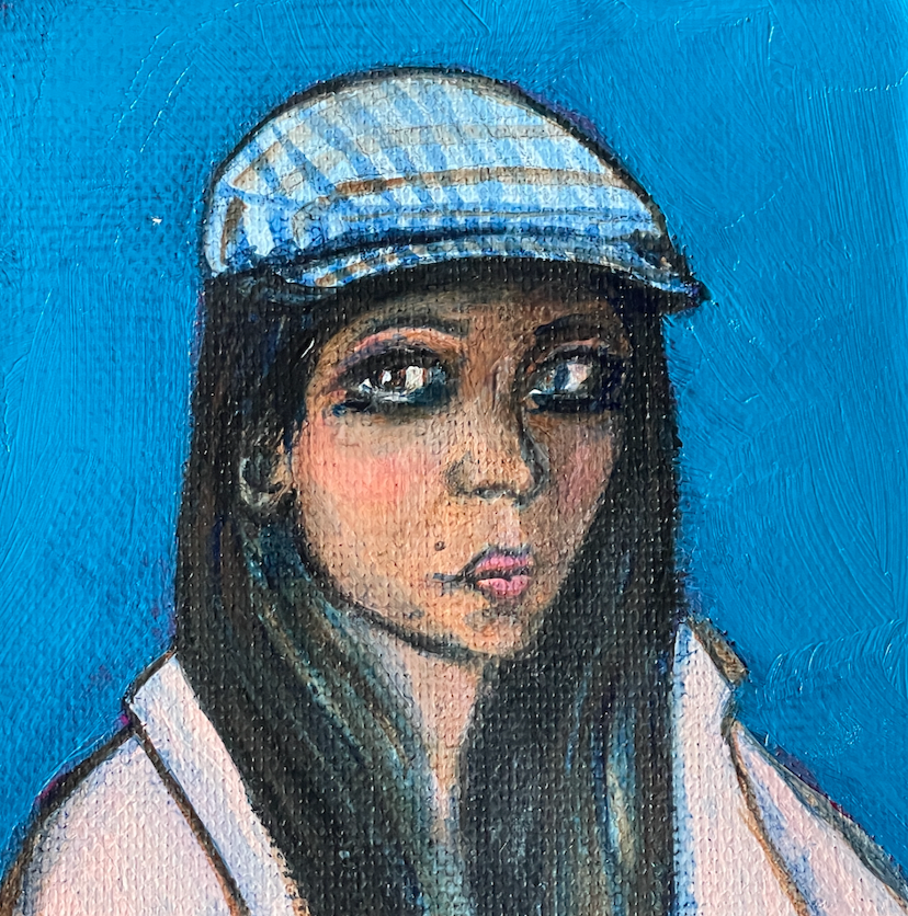 Artistic depiction of a woman wearing a blue checkered flat cap against a blue background