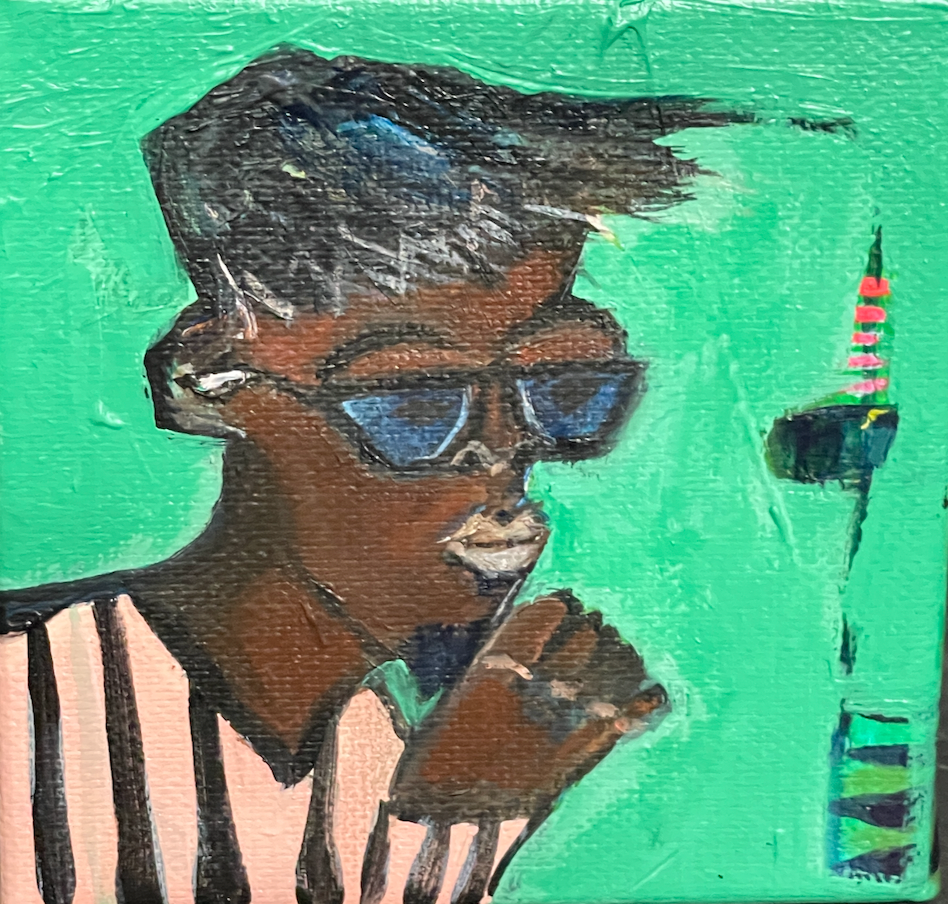 Artistic depiction of a man with sunglasses wearing a striped pink and black top on a green background