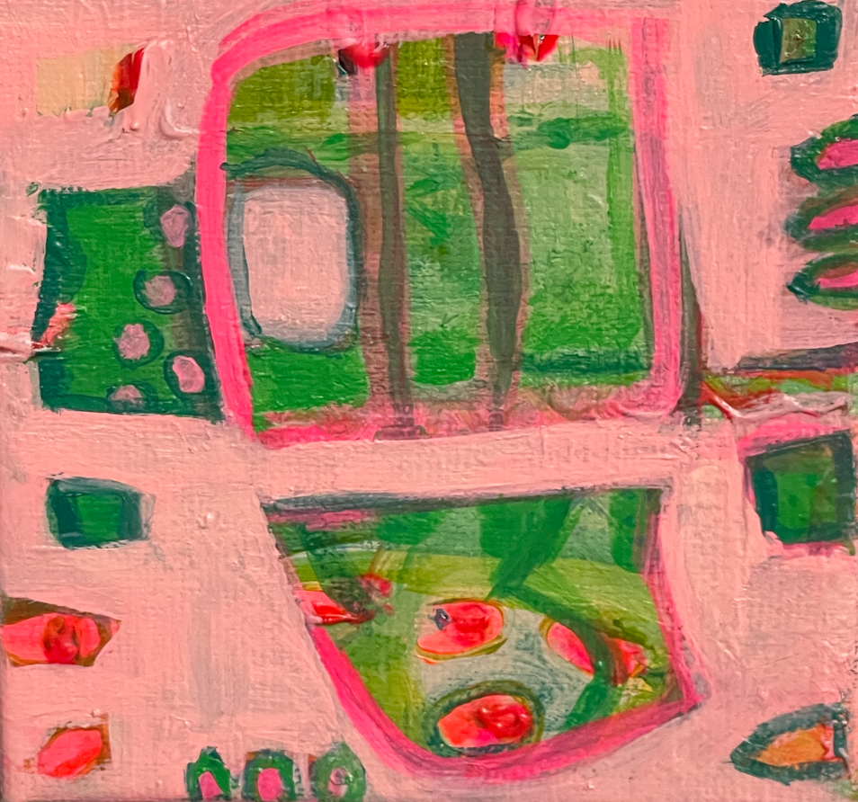 Abstract art with green shapes on a pink background
