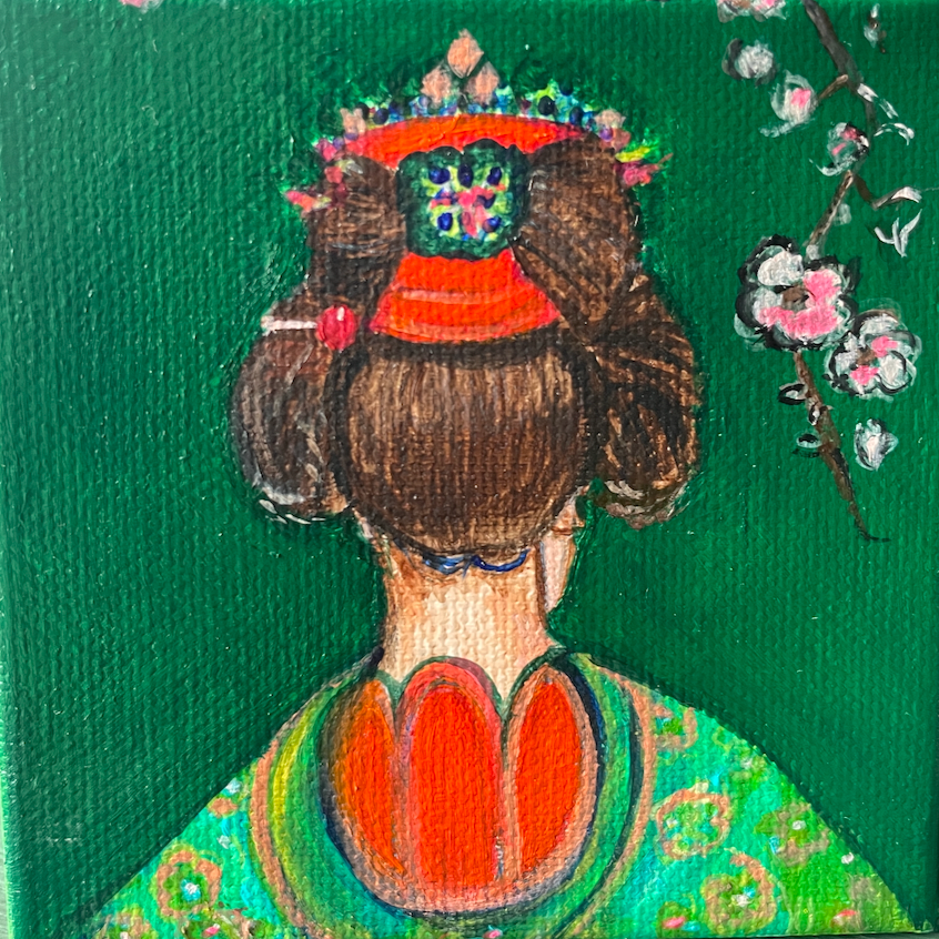 Artistic depiction of a Geisha with traditional attire and headpiece on a green background