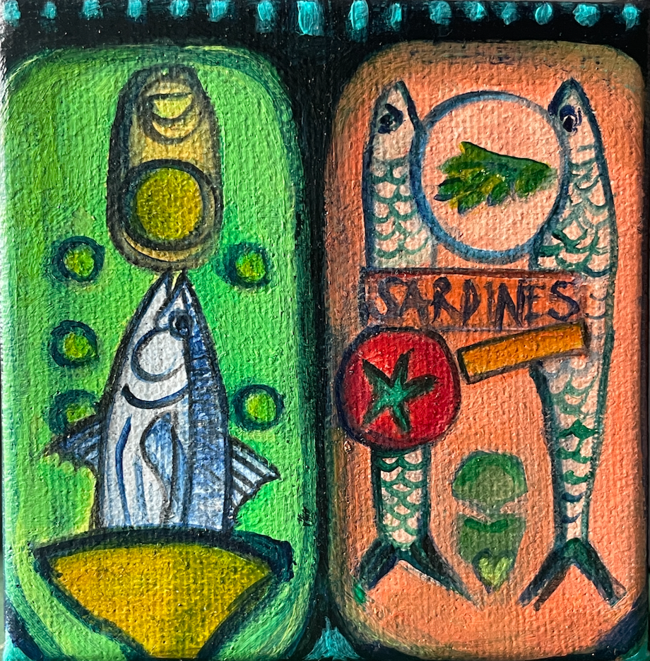 Two sardine tins with fish illustrations on a green and orange background