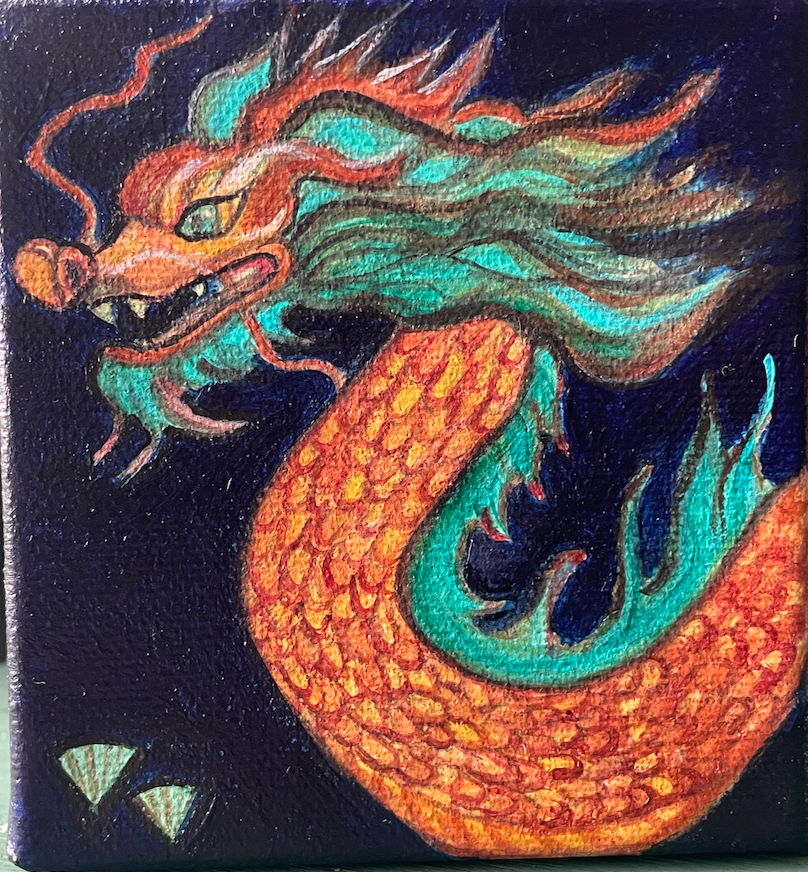 Colorful dragon painting on a dark background