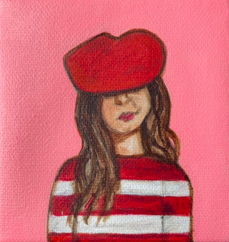 Artistic depiction of a woman wearing a red beret and striped top on a pink background