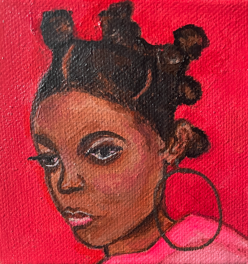 Artistic depiction of a woman with braids and a large hoop earring on a red background