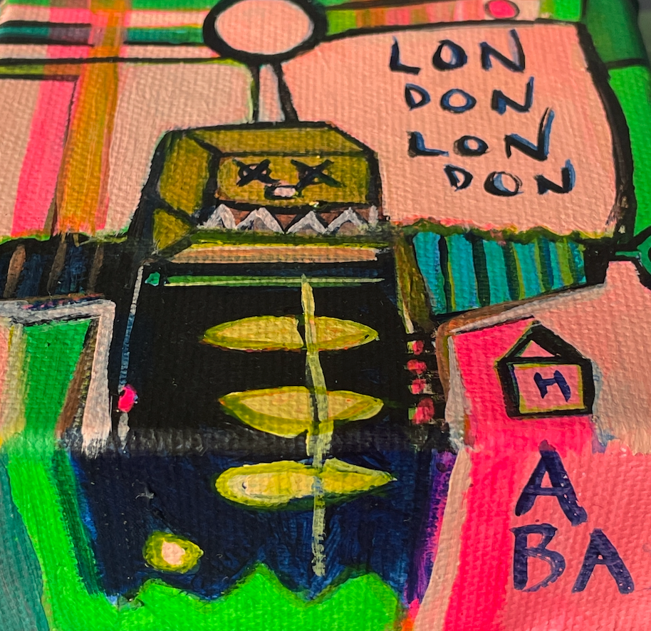 Colorful abstract robot painting with text and shapes