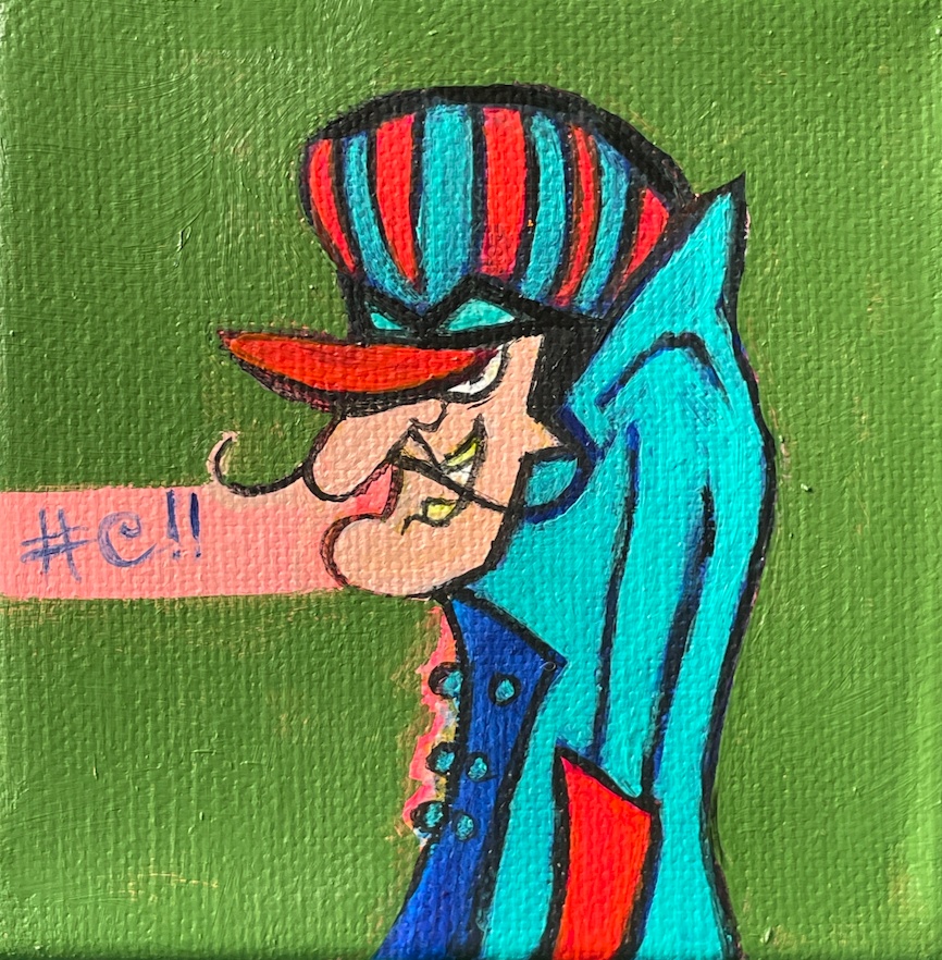 Cartoon character with colorful hat and jacket on a green background