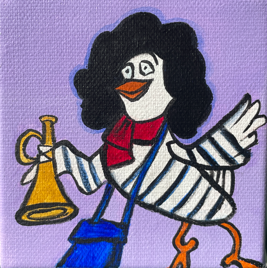Cartoon pigeon character with a striped shirt, red scarf, and holding a golden horn on a purple background