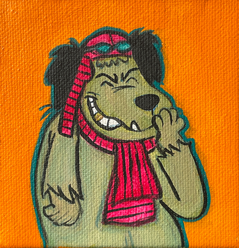 Cartoon dog with gold tooth and a red striped scarf on an orange background