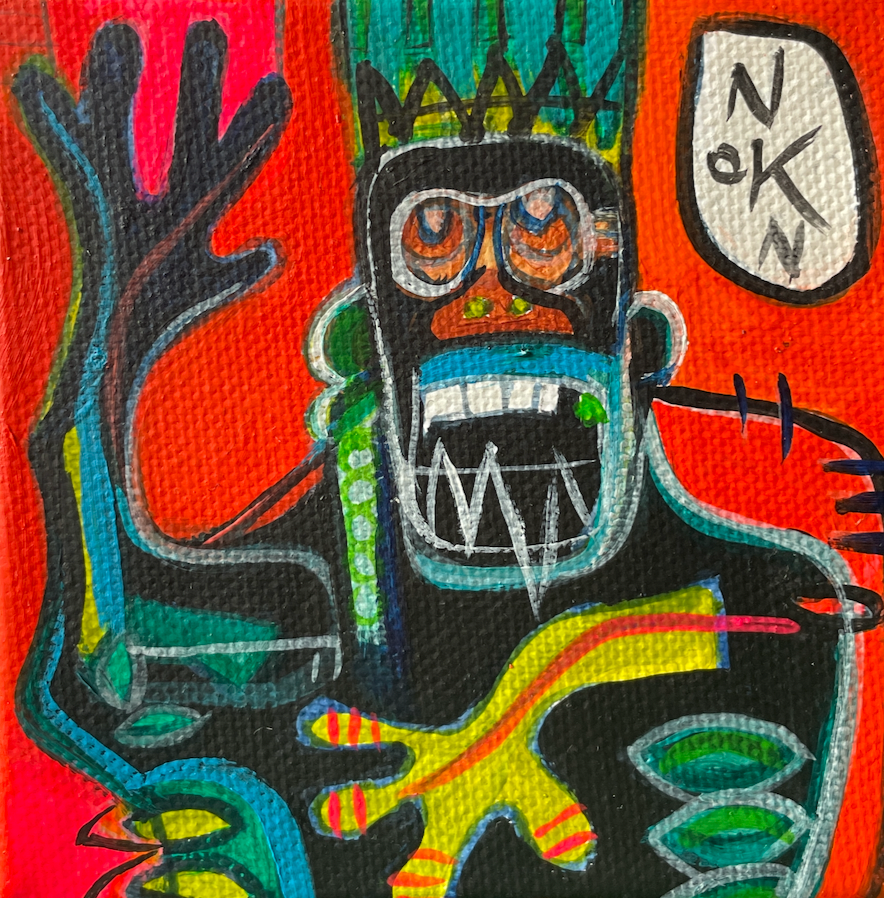 Colorful abstract painting of a stylized figure with a red background