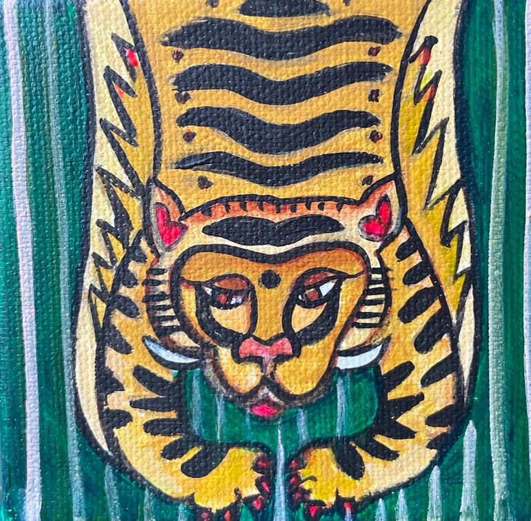 Artistic depiction of a tiger's face with stylized stripes on a textured green background