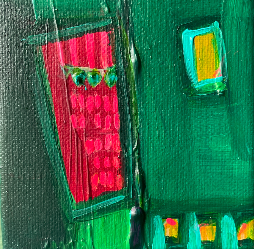 Artistic depiction of a red door and green walls with abstract elements.