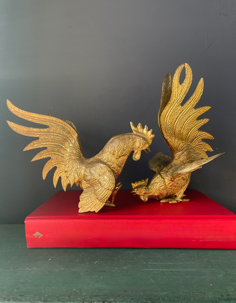 Pair of Vintage gilt brass rooster sculptures