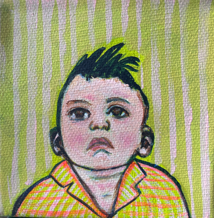Artistic depiction of a child's face with a striped background