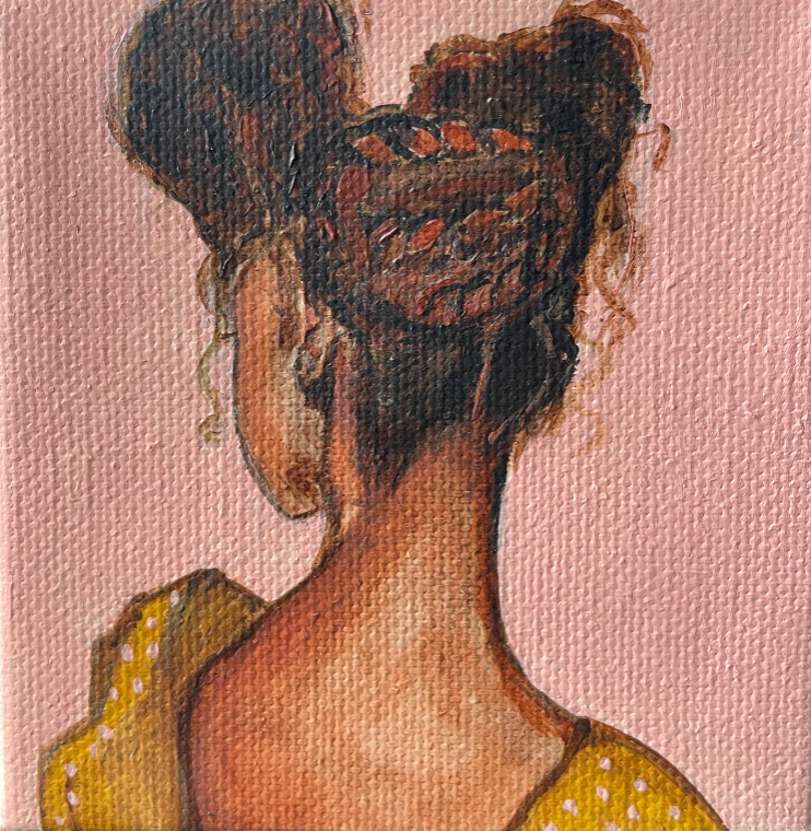 Artistic depiction of a woman with braided hair on a pink background