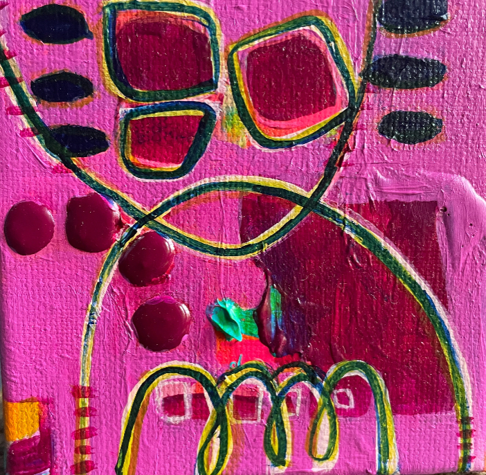 Abstract art piece with colorful shapes on a pink background