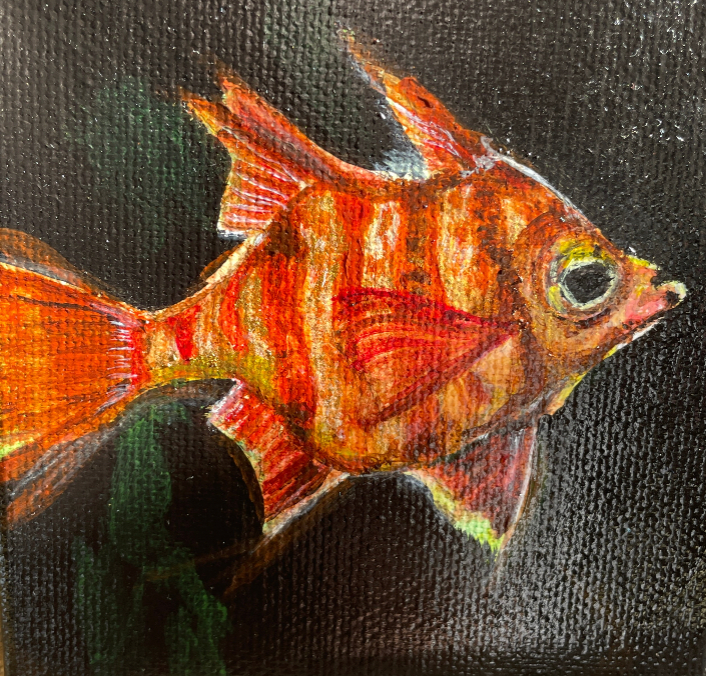 Artistic depiction of a goldfish on a textured black background