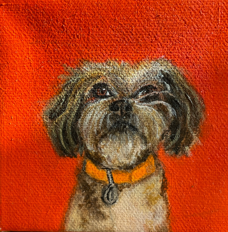 Painting of a grumpy dog with a dark orange background