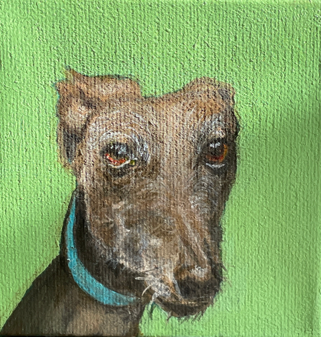 Artistic depiction of a dog's face with a green background
