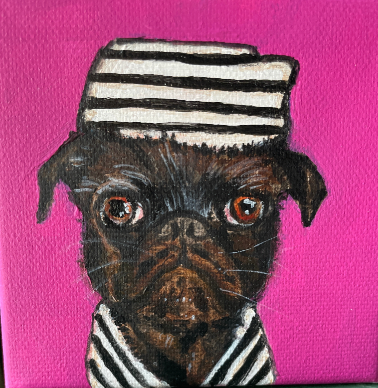 Painting of a Pug in a striped outfit on a pink background