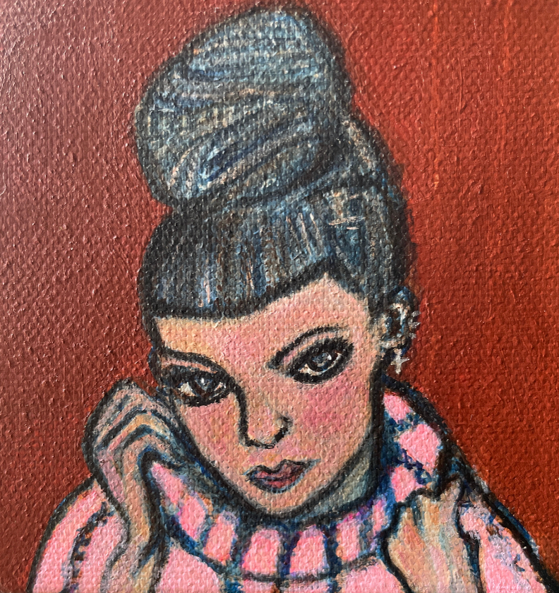 Woman with tied up braids wearing a holly jumper on a brown background