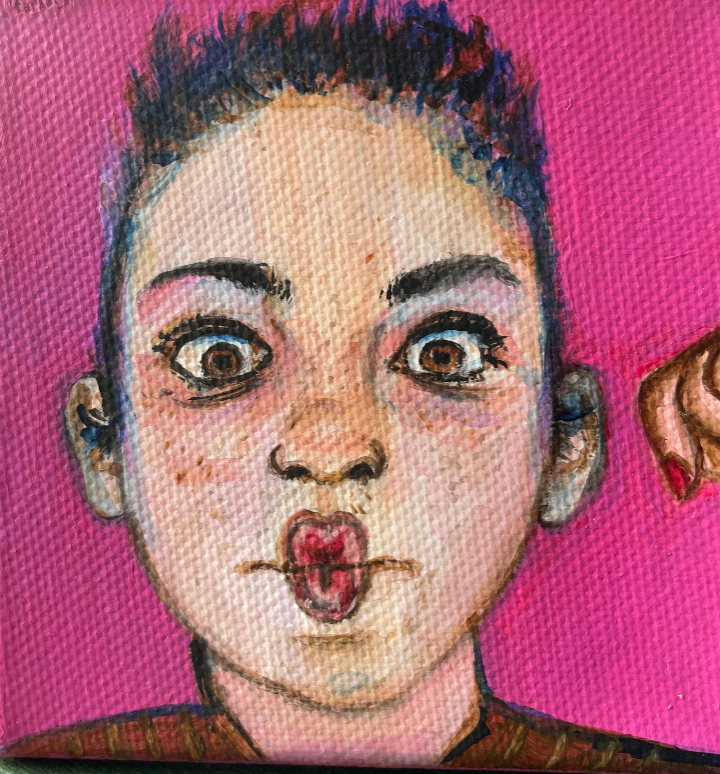 Artistic depiction of a person with a surprised expression on a pink background