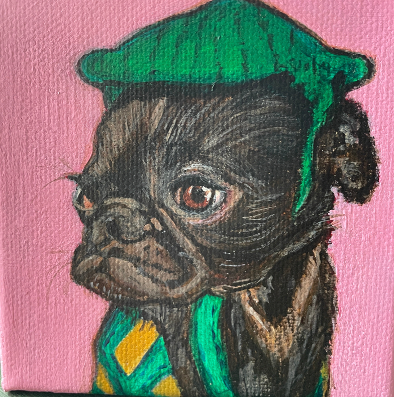 Painting of a  Pug wearing a green hat and scarf on a pink background