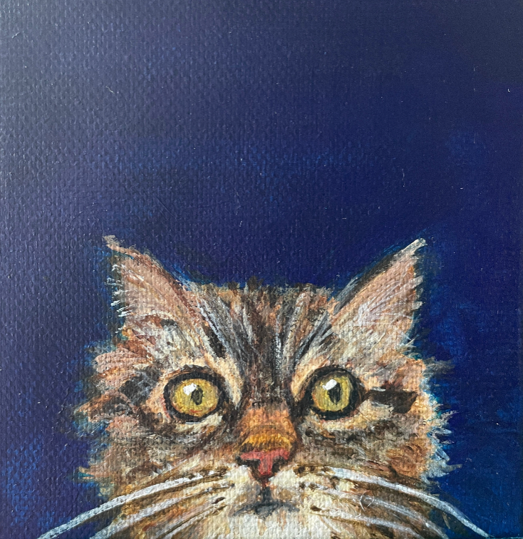 Painting of a cat's face with a blue background
