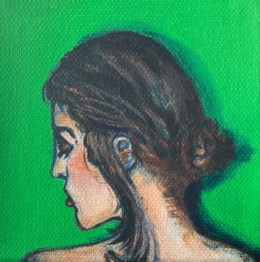 Artistic depiction of a woman's profile on a green background