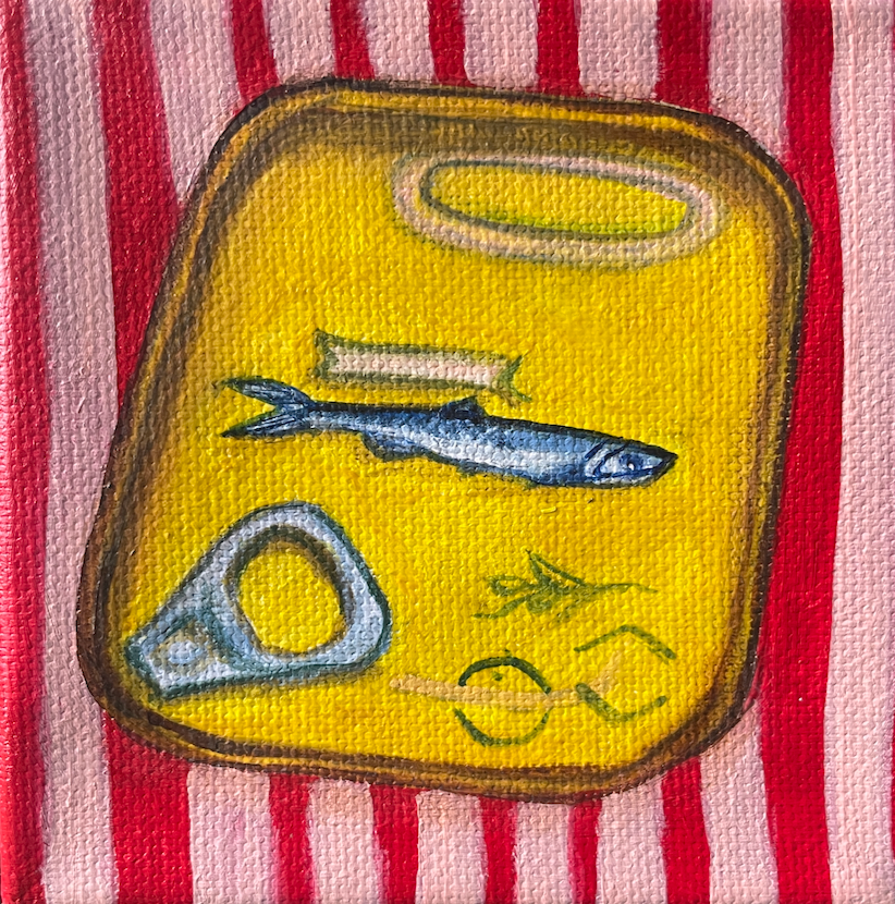 Yellow can with Sardines n on a red and light pink striped background