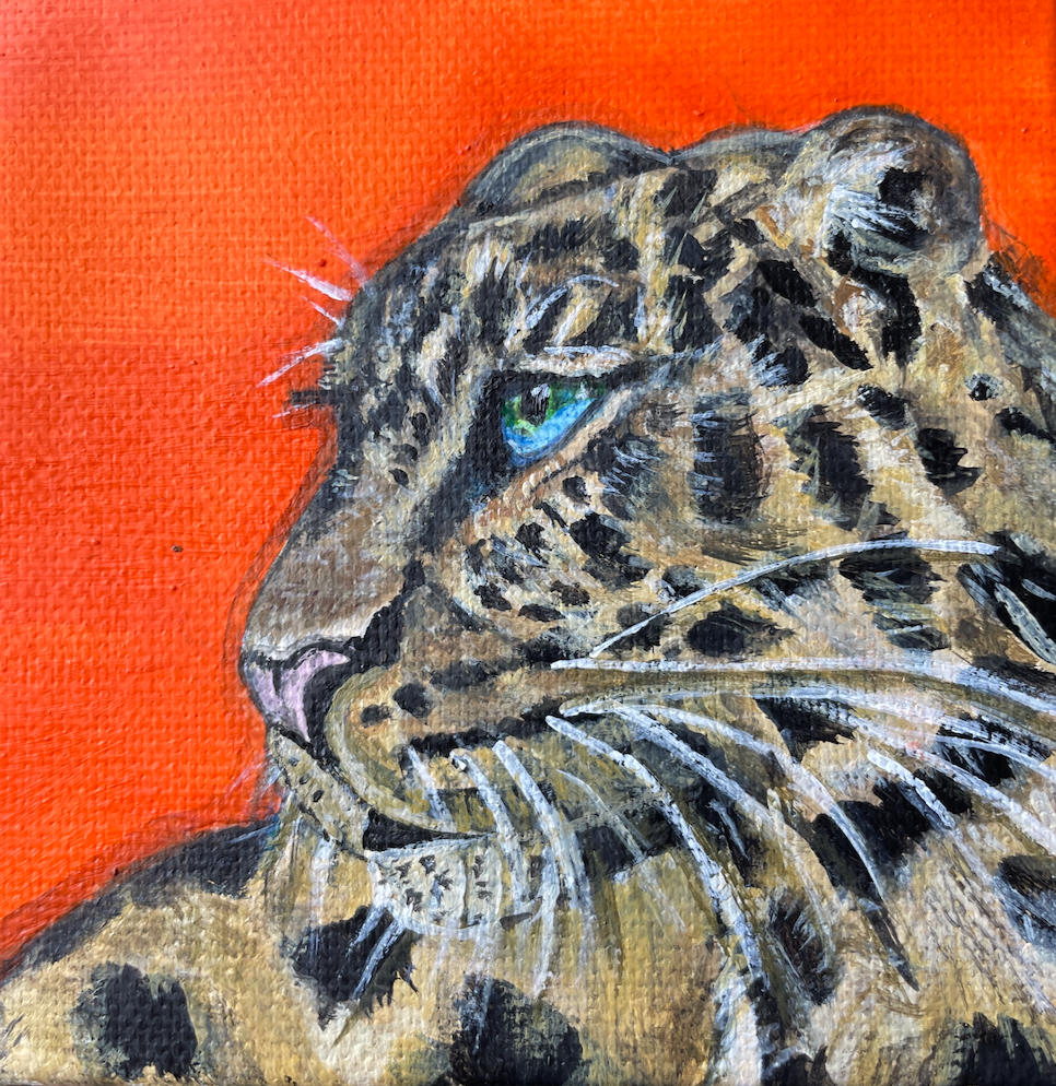 Close-up painting of a leopard's face with an orange background