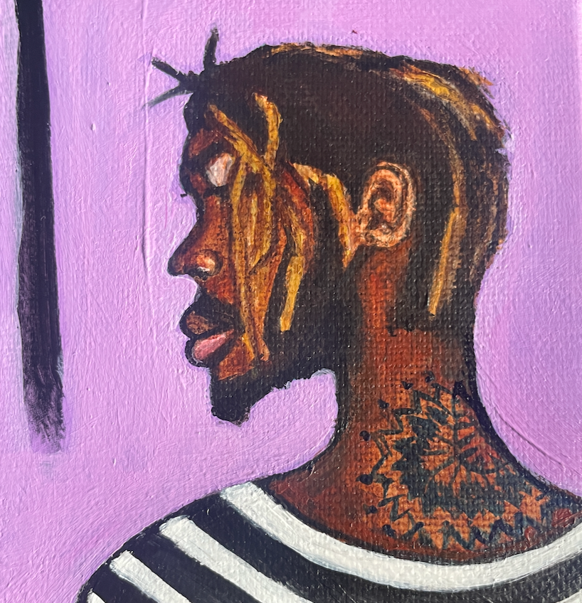 Artistic depiction of a man with braids on a lilac background