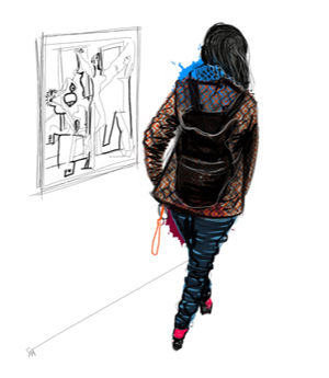 Young woman wearing a backpack and  coat  walking through an art gallery