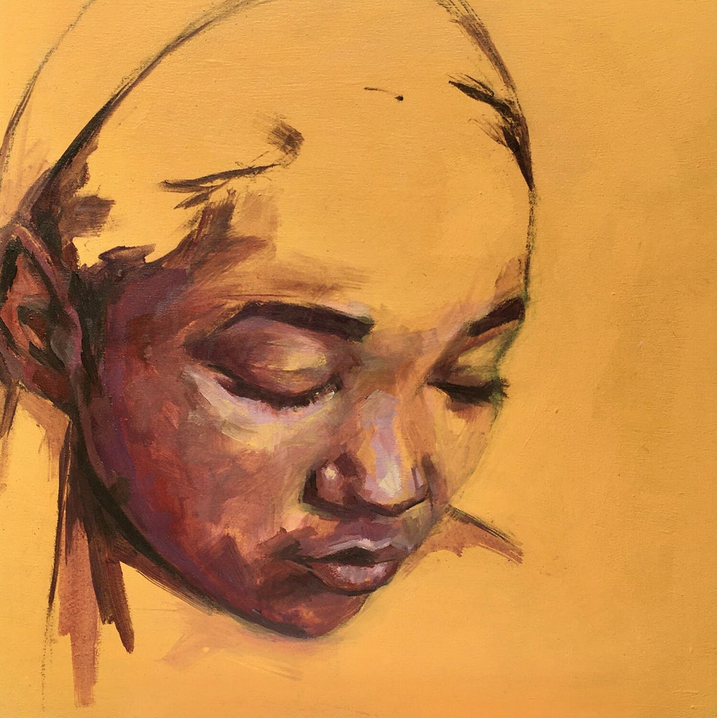 Beautiful young black woman looking down. Colours includes ochre and browns. 