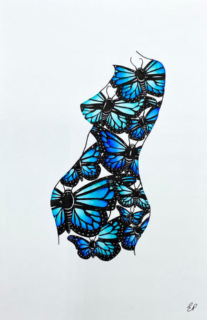 Souls Awakening (blue) Original ink drawing - by Emily Penfold