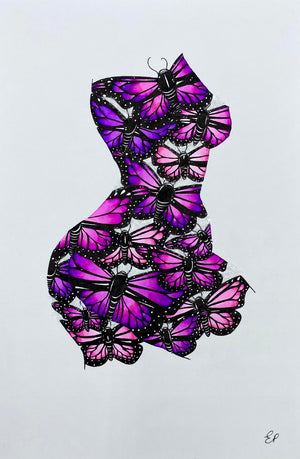 Souls Awakening (pink) Original ink drawing with diamond dust - by Emily Penfold