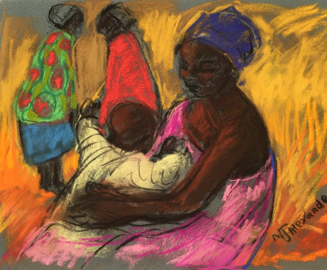 African Mother with her young child featuring the colours pink, orange, red, green and brown. 