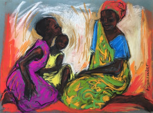 African Mother sitting with her young children. Featuring the colours red, pink, yellow, green, blue and brown.