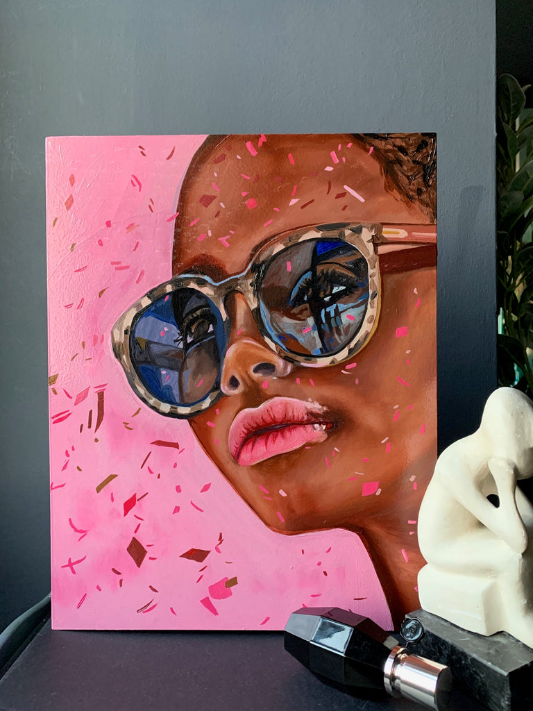 Oneoffto25.com - Cat Eyes Confetti Original Oil Painting of young woman wearing sunglasses by Amanda Mulquiney-Birbeck
