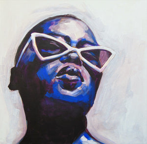 Oneoffto25.com Rebel # 3 Original Acrylic and Emulsion painting on canvas in deep blue tones by Flo Lee