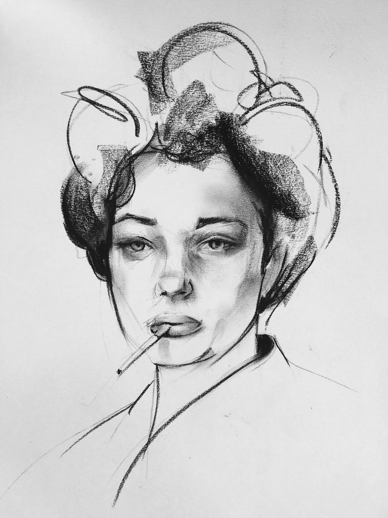 Oneoffto25.com Smoking Lady  Print by Flo Lee & Co. Black and white print.