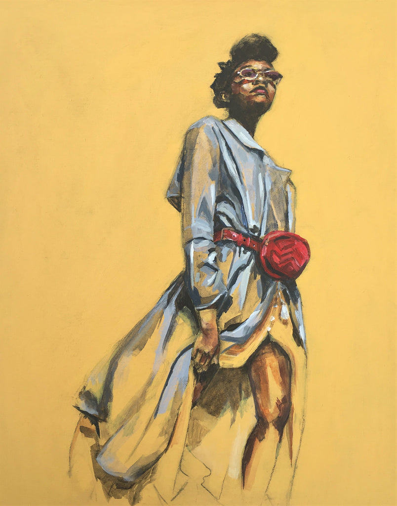 Ruby Painting by Flo Lee. Young black woman in white dress, reg bag on mustard / ochre coloured background